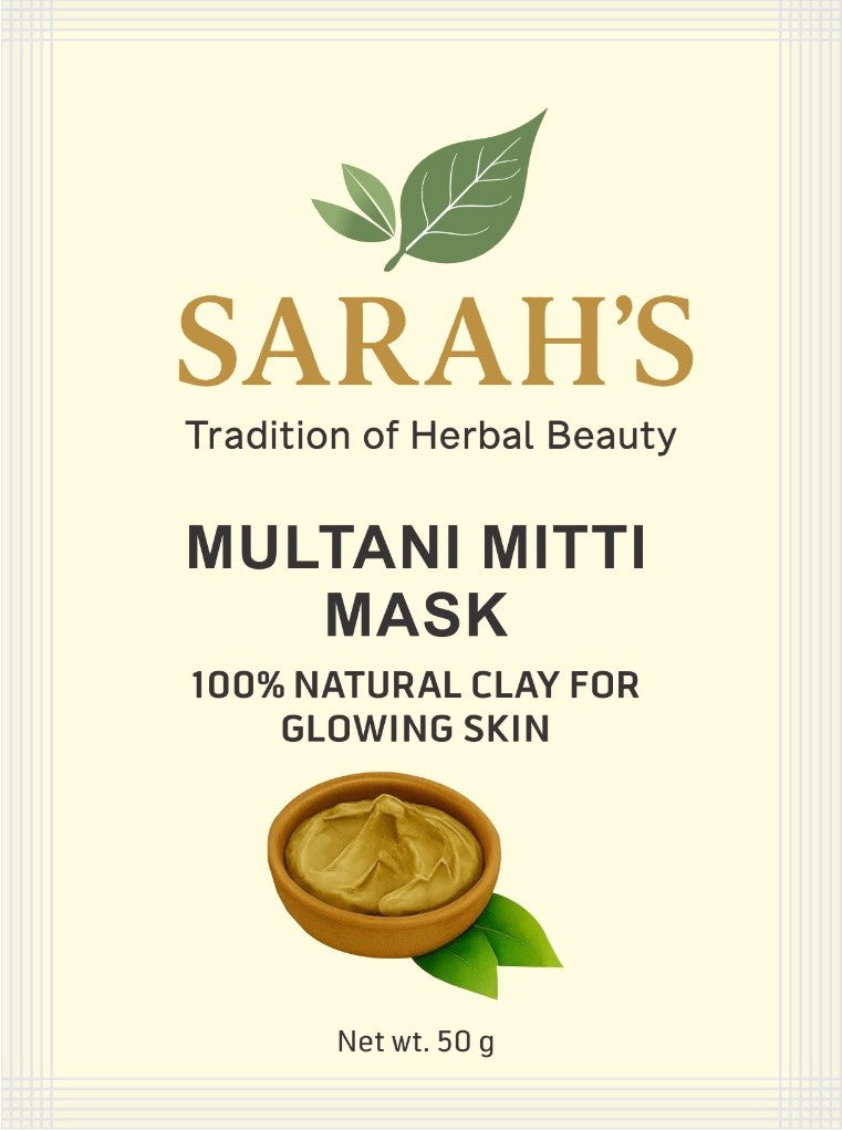 Multani Mitti Mask packaging with 'Sarah's Tradition of Herbal Beauty' branding on a light yellow background.