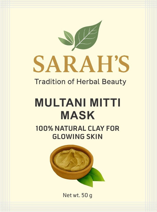 Multani Mitti Mask packaging with 'Sarah's Tradition of Herbal Beauty' branding on a light yellow background.